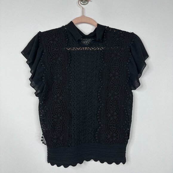 2/$30 ZARA Frill Sleeve Crochet Lace Blouse Black Small #A0670 - Picture 4 of 8